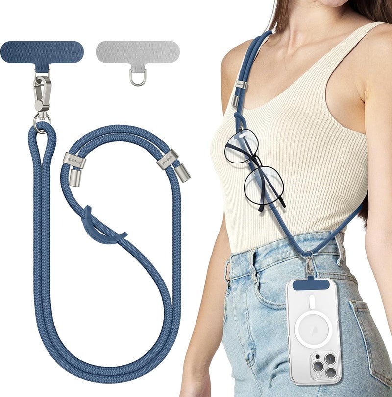 SURPHY Phone Lanyard, Adjustable Phone Strap Crossbody with 2 Pack Cell Phone Tether Tab, Premium Metal Buckles, Skin-Friendly, Universal Cell Phone Lanyard Crossbody for Women and Men, Denim Blue - Image 1